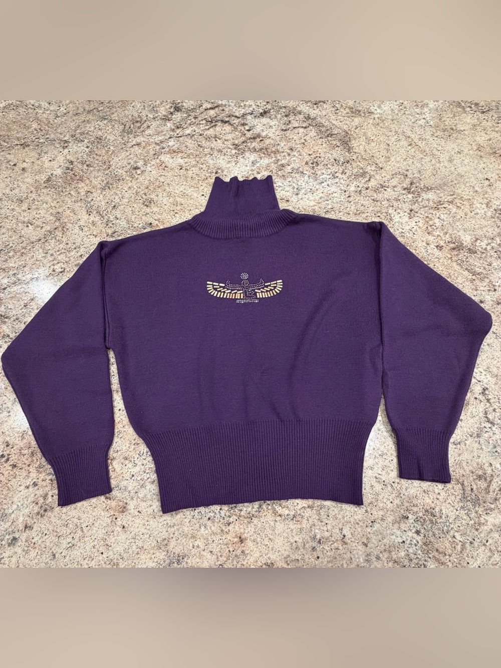 Meister Women’s Purple Turtleneck Embellished Sweater Egyptian Winged Scarab